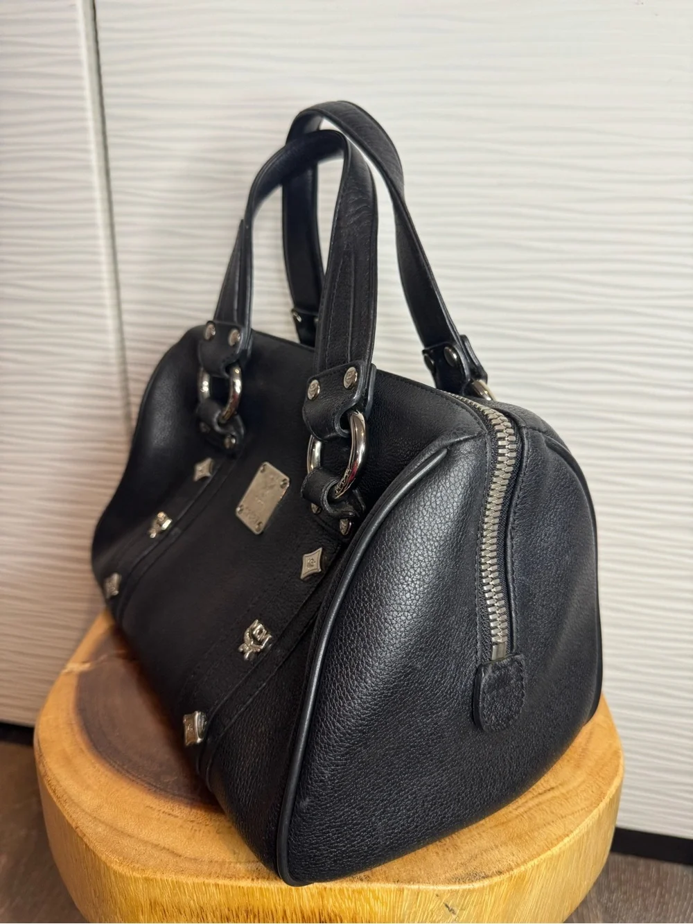 MCM Black Pebbled Leather Double-Handle Satchel with Silver Hardware